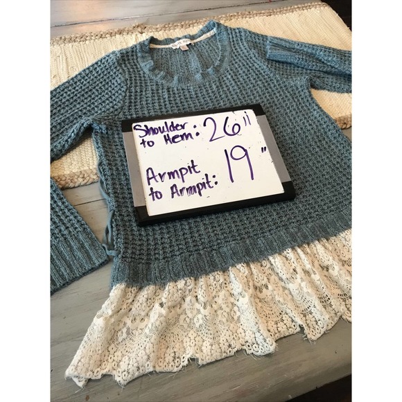 Knox Rose Blue Open Knit Lace Trim Long Sleeve Pullover Sweater Sz XL - Picture 5 of 7